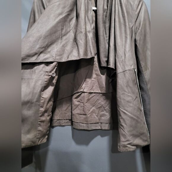 Vince Brown Leather Wool Cotton Blend Drape Neck Moto Jacket Sz S - Picture 11 of 12